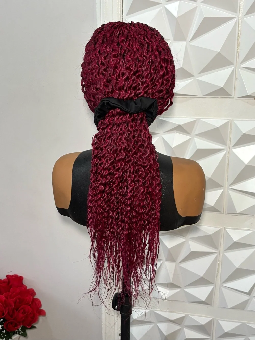 Handmade Boho curly twist Braided Closure Wig Burgundy Lightweight Natural Densi